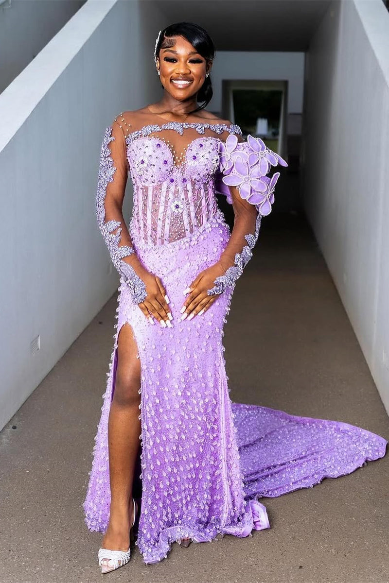 One shoulder Long sleeves Lilac High Split Sequin Flowers Prom Dresses One shoulder Long sleeves Lilac High Split Sequin Flowers Prom Dresses