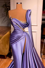 One Shoulder Long Sleeves Prom Dress Slit Mermaid Party Gowns Overskirt-Ballbella