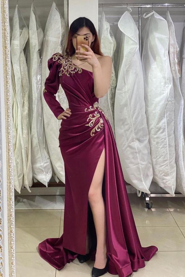 One Shoulder Long Sleeves Prom Dress Split With Appliques-Ballbella