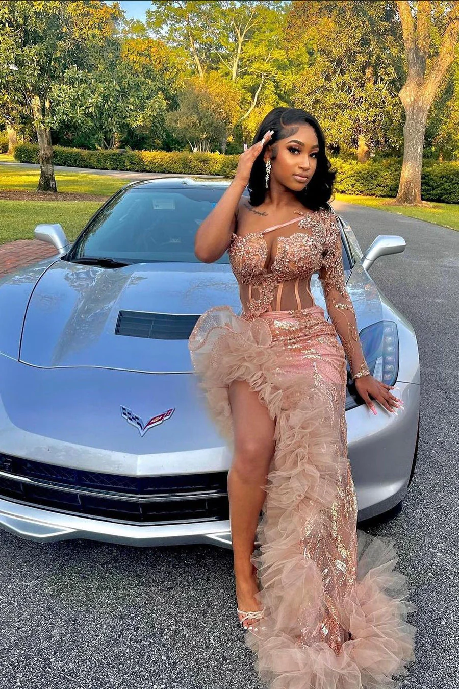 pink prom dress with ruffles One shoulder Long sleeves High Split Dresses Dolce&Gabbana Men's Silk Satin universally flattering group-aridress Size AUS:S