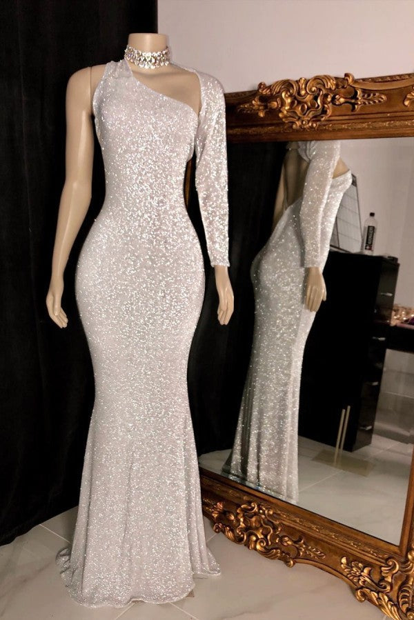 Looking for Prom Dresses, Evening Dresses, Real Model Series in Sequined,  Column style,  and Gorgeous Sequined work? Ballbella has all covered on this elegant One-shoulder Long Sleeves Silver Sequins Mermaid Prom Gowns.