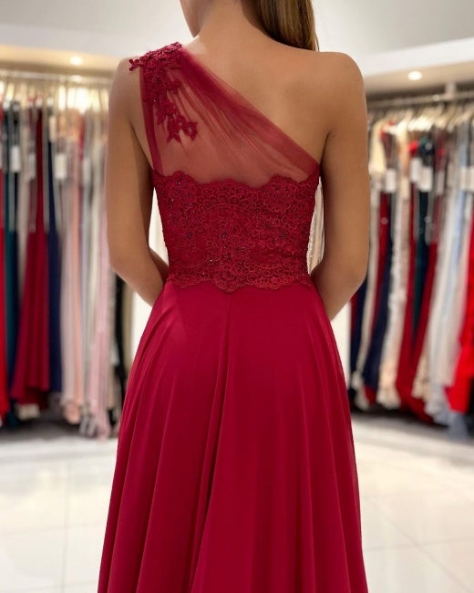 Sexy Red One Shoulder Slit Prom Dress Long With Sequins Beadings – Ballbella