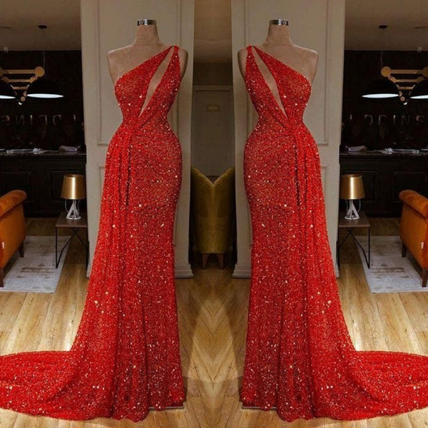 One Shoulder Red Prom Dress Sequins Long On Sale-Ballbella