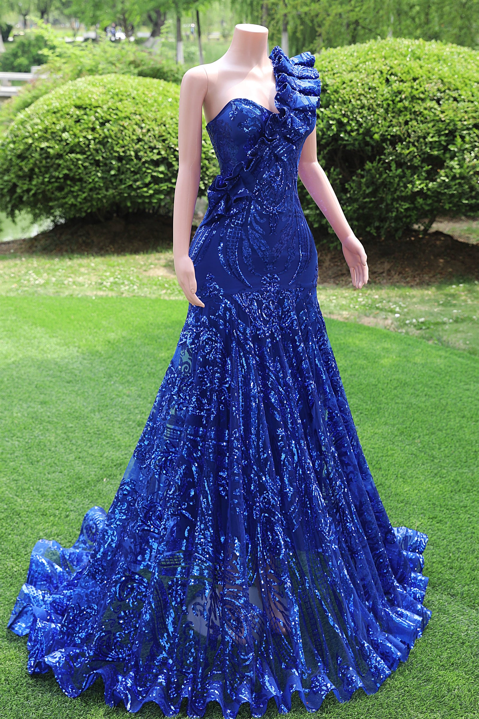 One shoulder Ruffles Sparkle Royal Blue Mermaid Prom Dresses Ballbella One shoulder Ruffles Sparkle Royal Blue Mermaid Prom Dresses Ballbella