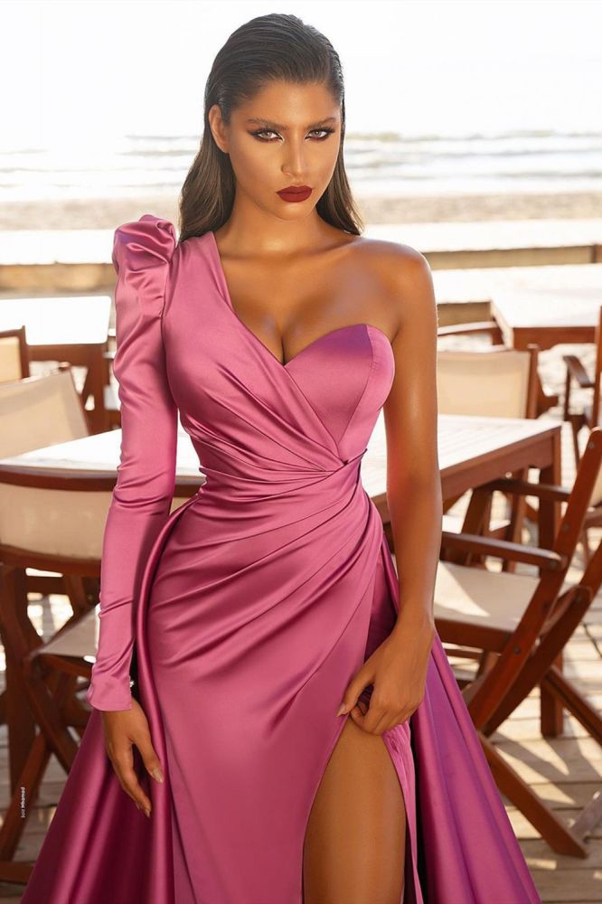 Looking for a perfect dress for your event? Ballbella has all covered on this elegant One Shoulder Satin Front Split Evening Party Dresses with Sweep Train.