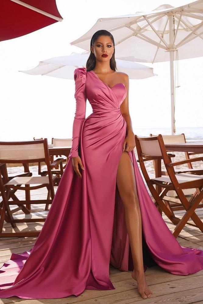 One Shoulder Satin Front Split Evening Party Dresses with Sweep Train One Shoulder Satin Front Split Evening Party Dresses with Sweep Train
