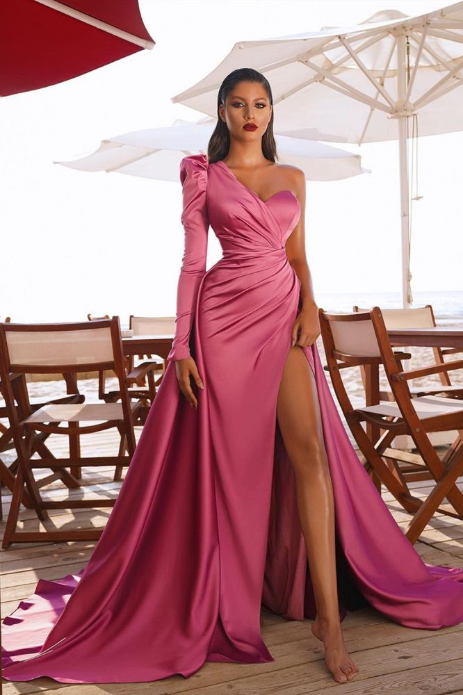 Looking for a perfect dress for your event? Ballbella has all covered on this elegant One Shoulder Satin Front Split Evening Party Dresses with Sweep Train.