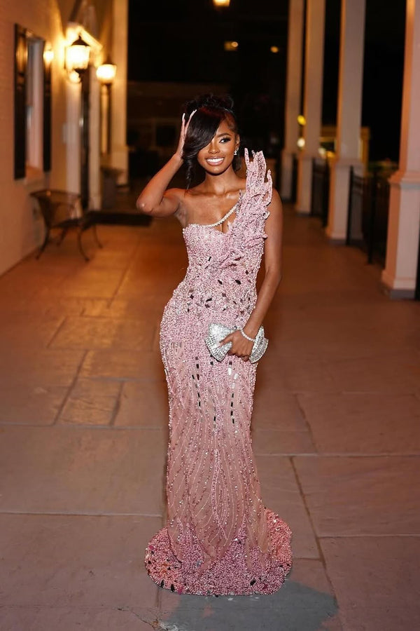 One shoulder Silver Beaded Pink Column Floor Length One shoulder Prom Dresses-Ballbella