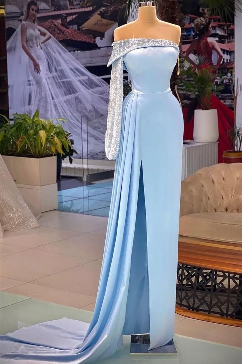One Shoulder Strapless Floor-length Backless High Split Sheath Prom Dress-Ballbella