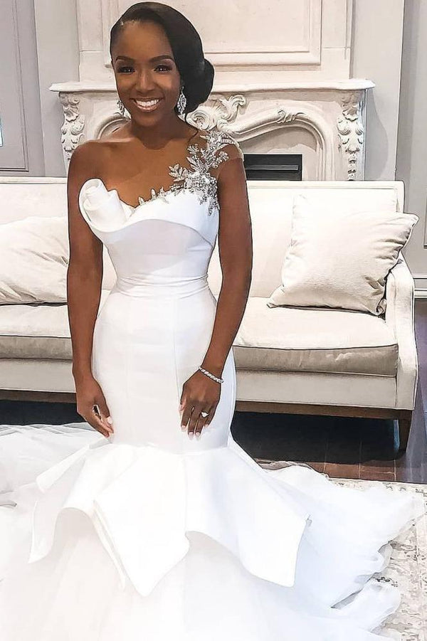 One shoulder White Mermaid Bridal Gowns with Ruffles Train-Ballbella