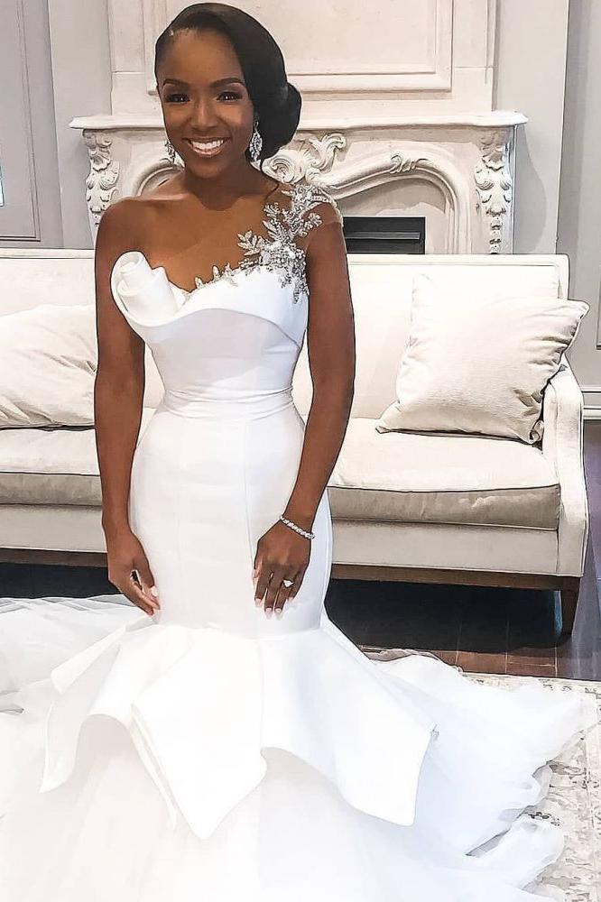 One shoulder White Mermaid Bridal Gowns with Ruffles Train-Ballbella
