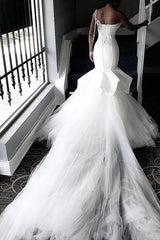 One shoulder White Mermaid Bridal Gowns with Ruffles Train-Ballbella
