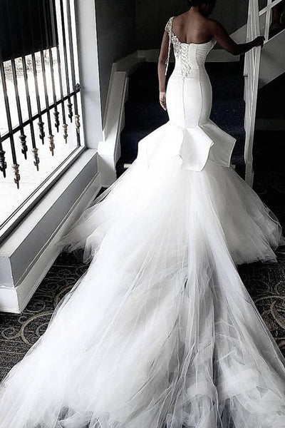 mermaid wedding dress with ruffles at the bottom One shoulder White Mermaid Bridal Gowns with Ruffles Train