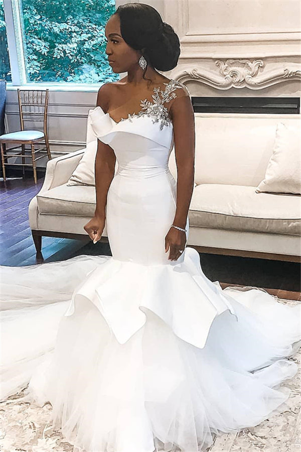One shoulder White Mermaid Bridal Gowns with Ruffles Train-Ballbella