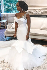Ballbella.com supplies you One shoulder White Mermaid Bridal Gowns with Ruffles Train at reasonable price. Fast delivery worldwide. 