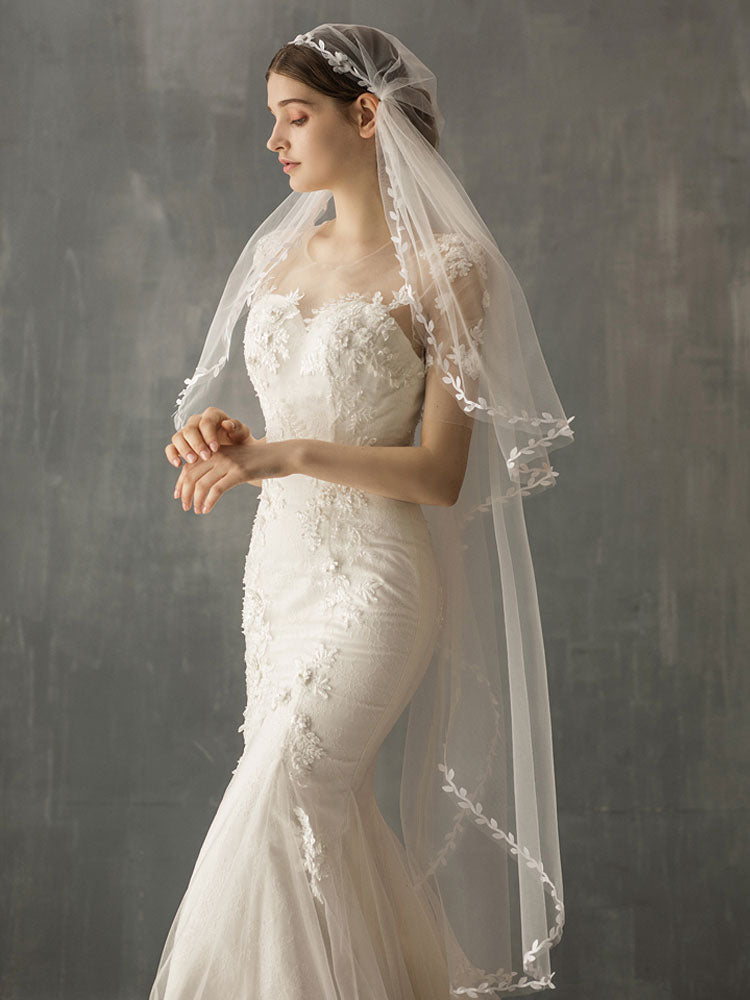 One Tier Piping Tulle Finished Edge Drop Wedding Veil-Ballbella