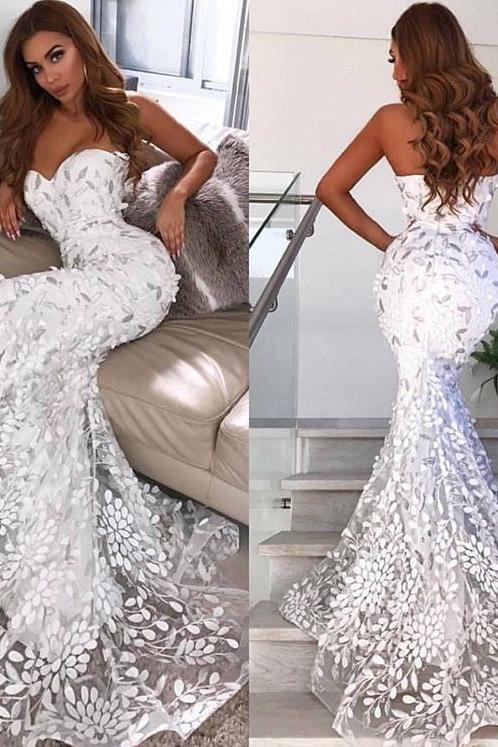 Open Back Leaf Appliques Chic Prom Dresses Mermaid Sweetheart Evening Dress-Ballbella