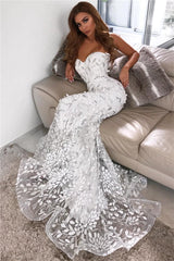 Open Back Leaf Appliques Chic Prom Dresses Mermaid Sweetheart Evening Dress-Ballbella