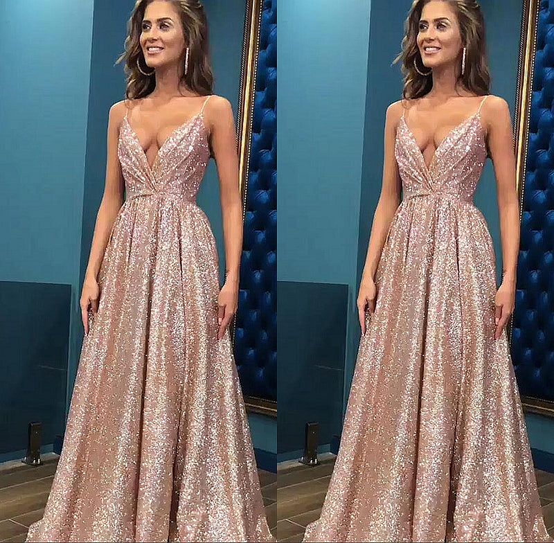 Chic Sequins Simple Spaghetti Straps Evening Dresses New Arrival Cheap Open Back Sleeveless Prom Dress.Free shipping,  high quality,  fast delivery,  made to order dress. Discount price. Affordable price. Ballbella Official.