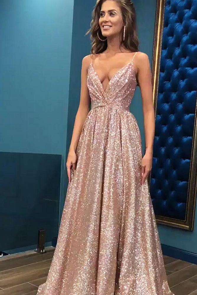 Chic Sequins Simple Spaghetti Straps Evening Dresses New Arrival Cheap Open Back Sleeveless Prom Dress.Free shipping,  high quality,  fast delivery,  made to order dress. Discount price. Affordable price. Ballbella Official.