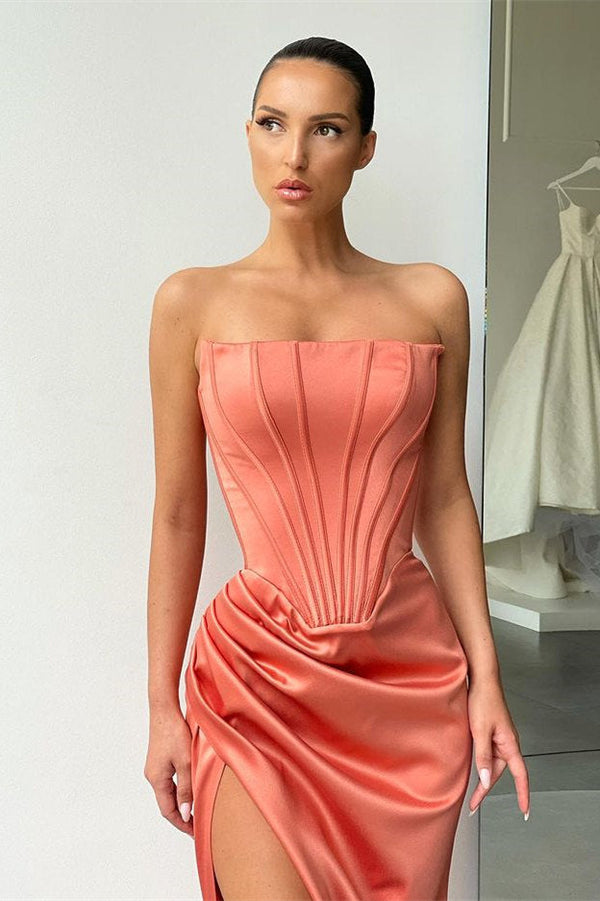 Orange High-split Strapless Pleats Prom Dress with court train-Ballbella