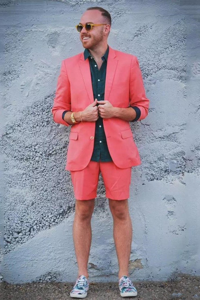 Orange Notched Lapel Men Suit with Short Pants-Ballbella