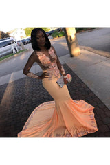 Orange Sheer Tulle Flower Appliques Long-Sleeves Mermaid Prom Dresses-Ballbella