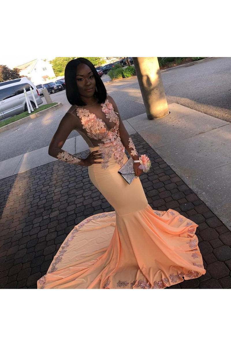 Orange Sheer Tulle Flower Appliques Long-Sleeves Mermaid Prom Dresses-Ballbella