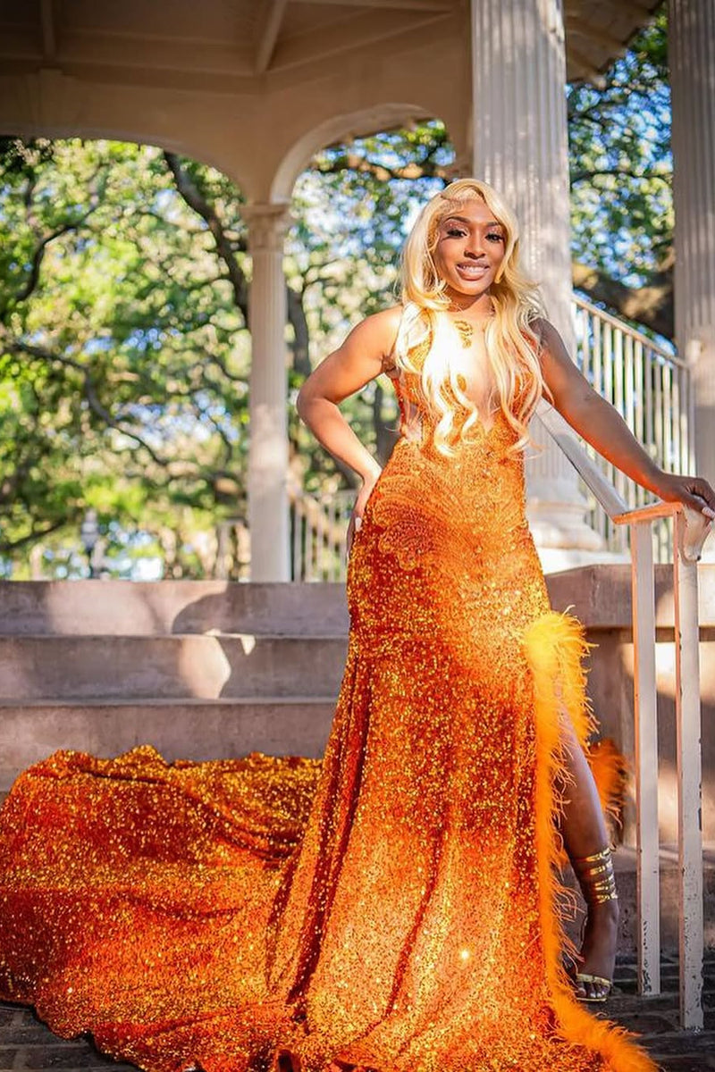 Orange Sleeveless Beaded Sequin Feathers Prom Dresses Orange Sleeveless Beaded Sequin Feathers Prom Dresses