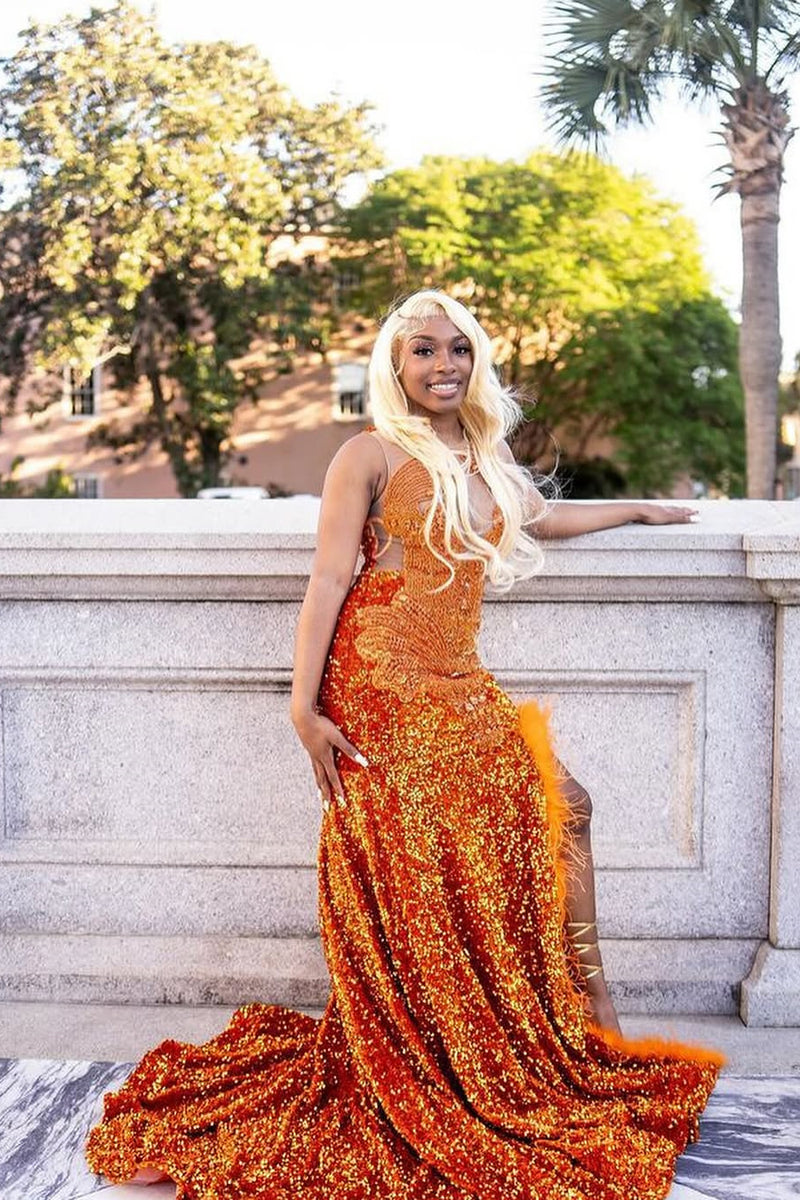 des phemmes orange sequin dress Orange Mermaid Prom Dresses With Sequin Beaded Feather Women Luxury Evening Gown