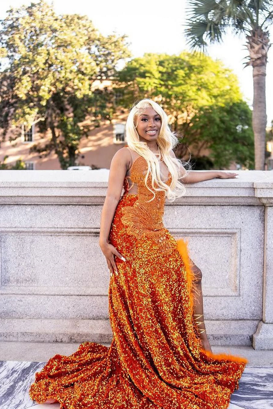 Orange Sleeveless Beaded Sequin Feathers Prom Dresses Orange Sleeveless Beaded Sequin Feathers Prom Dresses