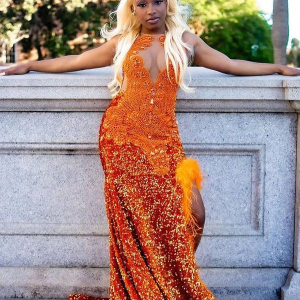 Orange Sleeveless Beaded Sequin Feathers Prom Dresses – Ballbella