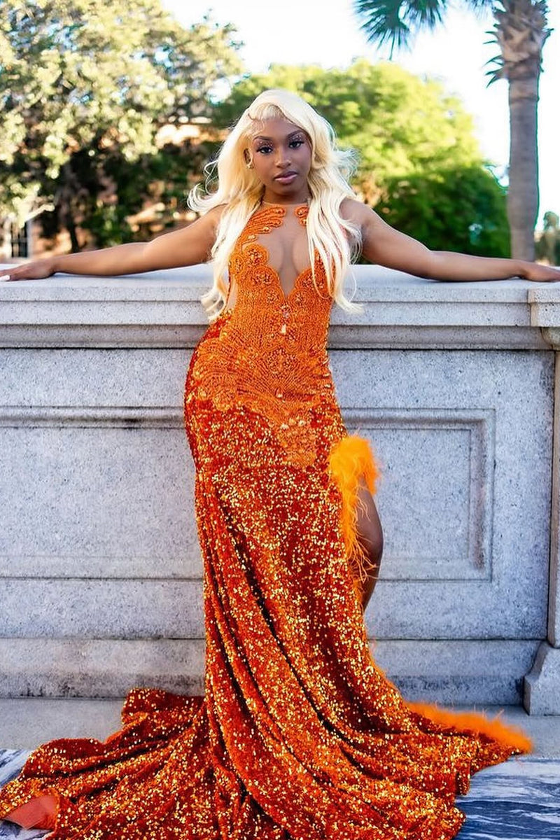 Orange Sleeveless Beaded Sequin Feathers Prom Dresses Orange Sleeveless Beaded Sequin Feathers Prom Dresses