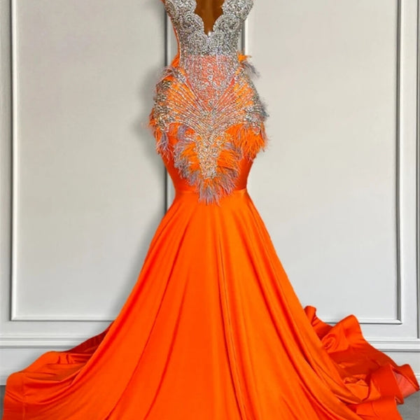 Orange Sleeveless Illusion Mermaid Prom Dresses With