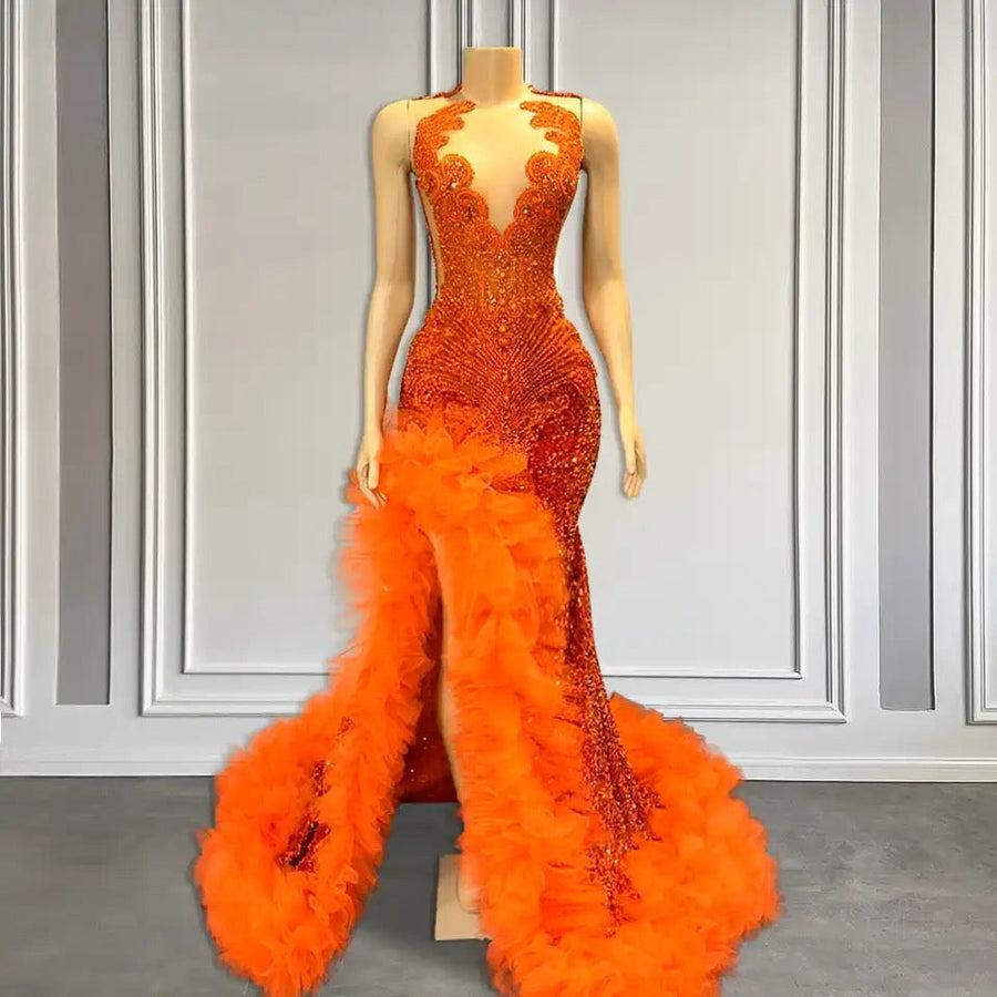 Orange Sleeveless Mermaid Prom Dress with Side Slit and Tulle Beadings –  Ballbella