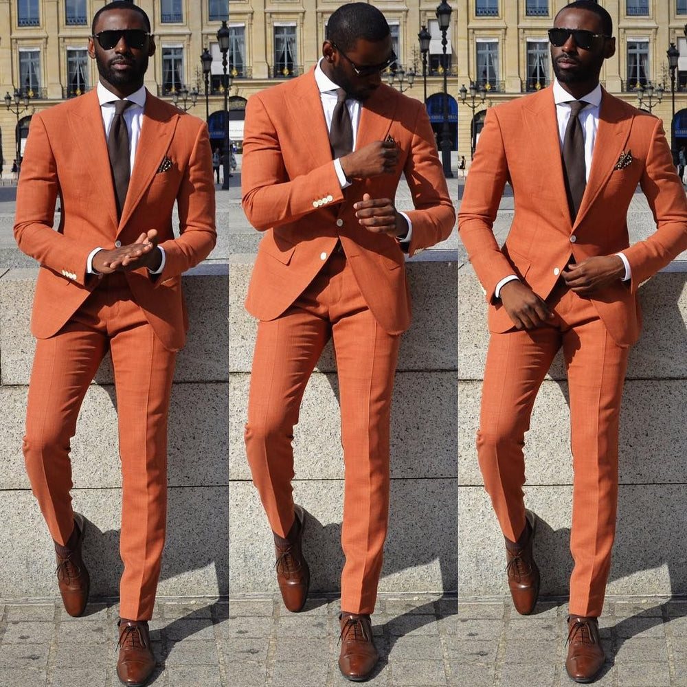 open lace back dress Orange Slim Fit Men Suit Peaked Lapel Prom Suits