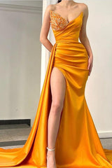 Orange Sweetheart Mermaid Evening Dress Pleated Long Split With Beads-Ballbella