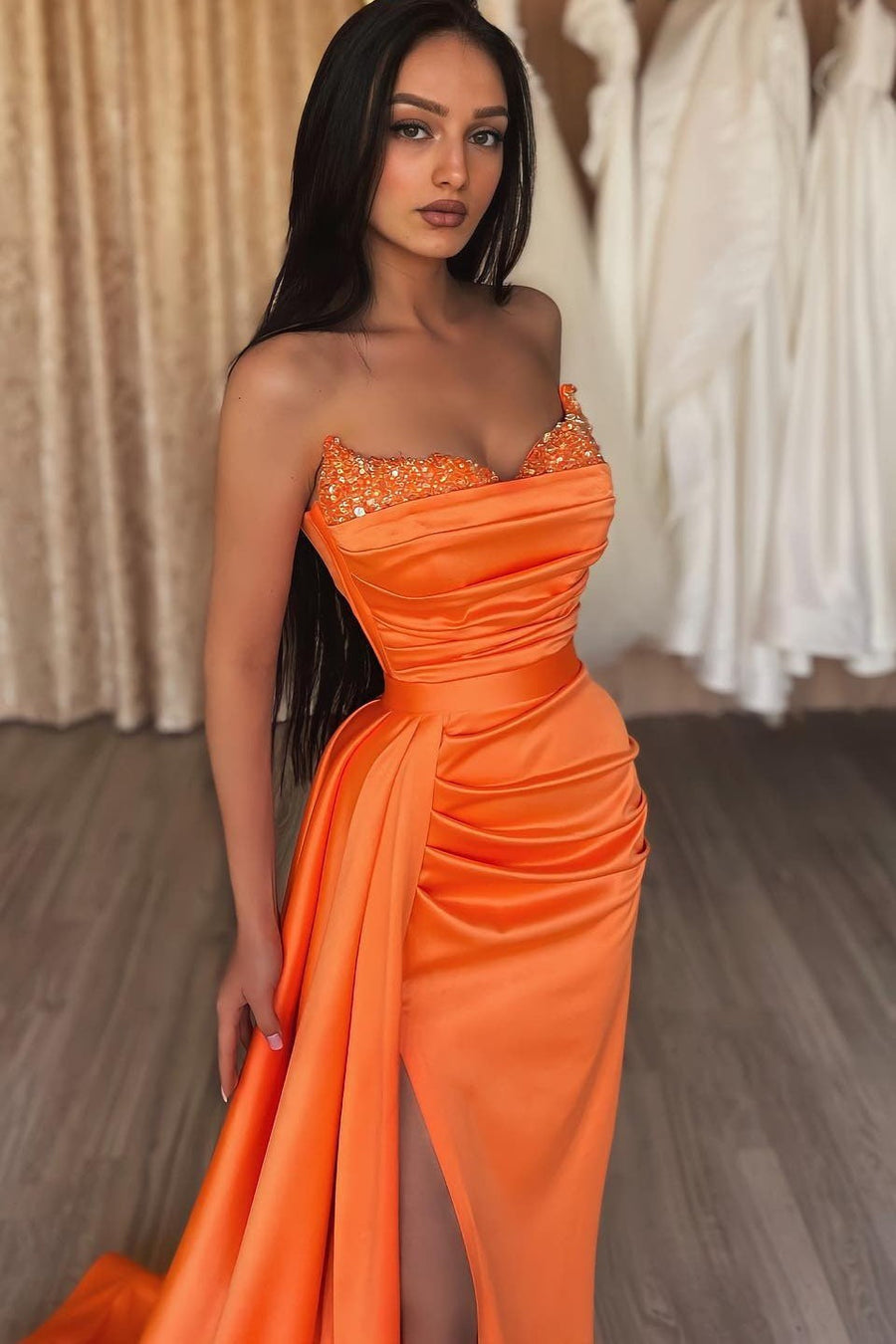 open lace back dress Miss Circle Women Elayna Orange Strappy Satin Corset High Slit Gown main image 1
