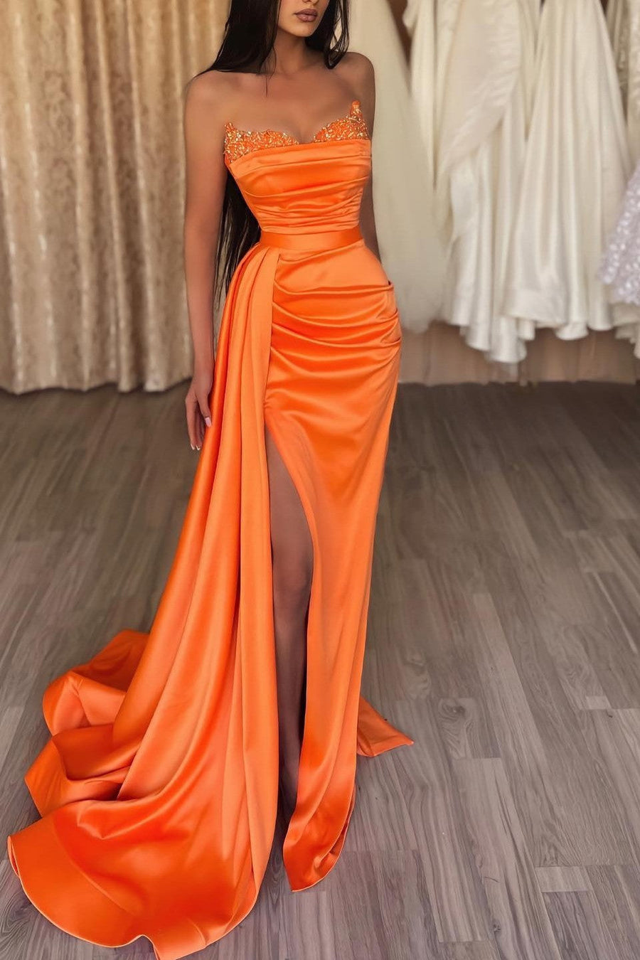 Orange Sweetheart Mermaid Prom Dress Long Split With Sequins Orange Sweetheart Mermaid Prom Dress Long Split With Sequins
