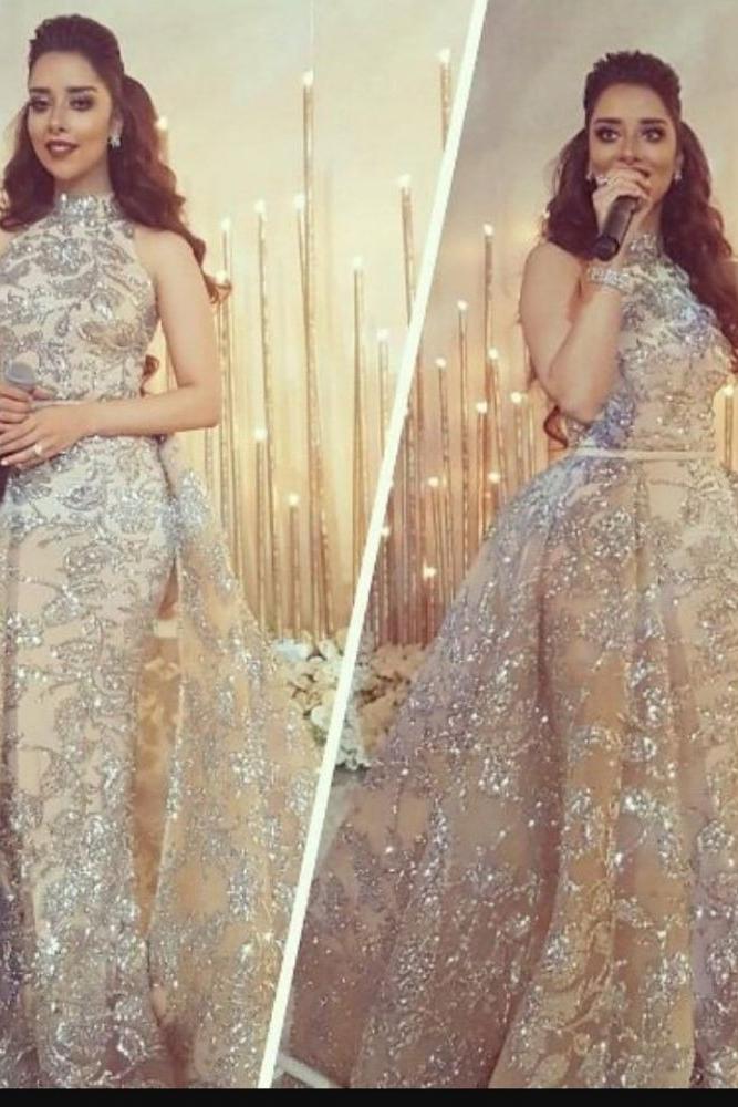 Overskirt Champagne Silver Beading Lace Appliques Chic Sleeveless Prom Dresses-Ballbella