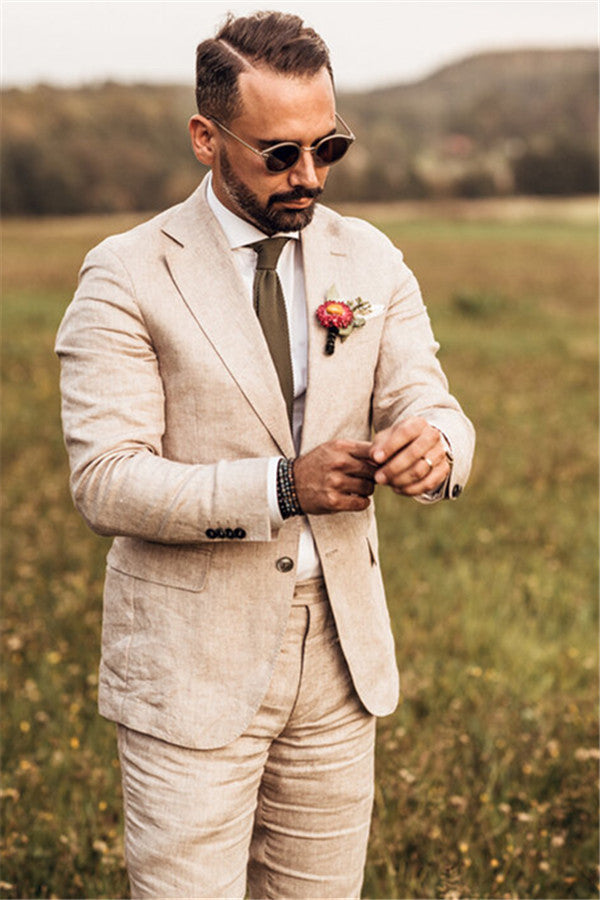 Ballbella made this Party Linen Wedding Suit, Casual Summer Beach Groom Slim Fit Suit Tuexedos with rush order service. Discover the design of this Khaki Solid Notched Lapel Single Breasted mens suits cheap for prom, wedding or formal business occasion.