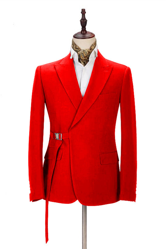 Passionate Bright Red Men's Formal Suit Online Peak Lapel Buckle Button Casual Suit for Men-Ballbella