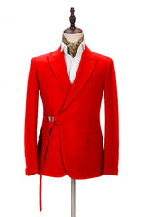 Passionate Bright Red Men's Formal Suit Online Peak Lapel Buckle Button Casual Suit for Men