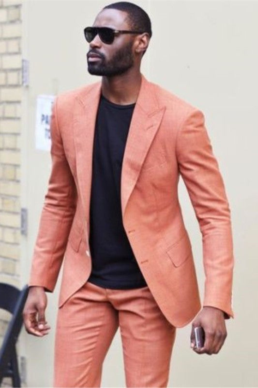 Peach Close Fitting Peaked Lapel Bespoke Men Suits for Prom-Ballbella