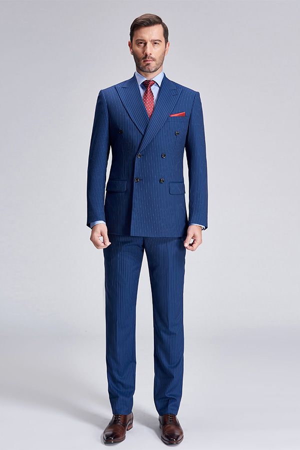 Peak Lapel Blue Mens Suits for Business Stripes Double Breasted Mens Suits-Ballbella