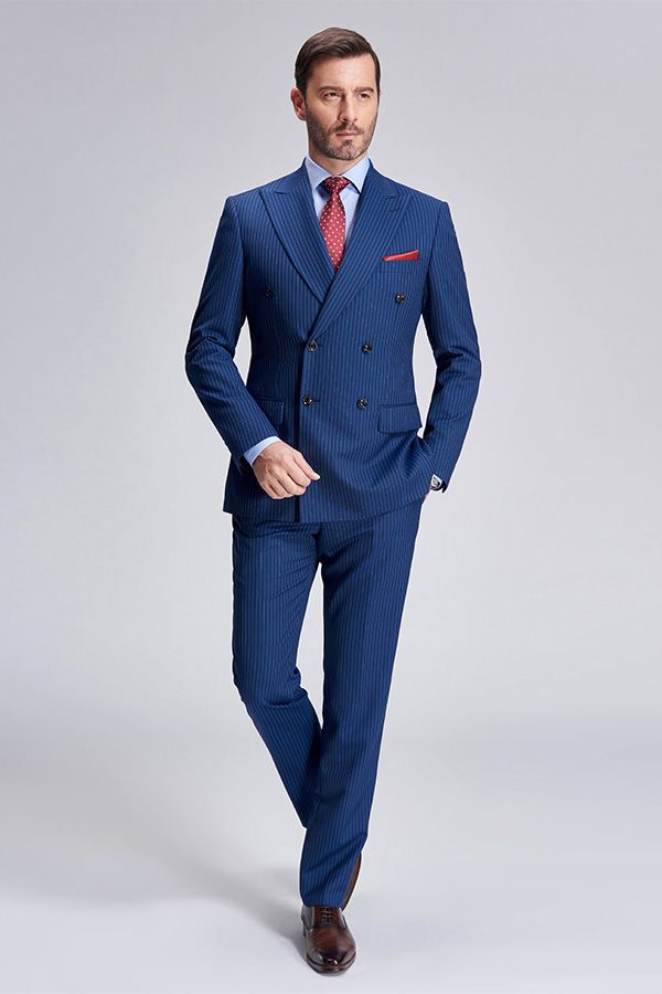 This Peak Lapel Blue Mens Suits for Business, Stripes Double Breasted Mens Suits at Ballbella comes in all sizes for prom, wedding and business. Shop an amazing selection of Peaked Lapel Double Breasted Blue mens suits in cheap price.