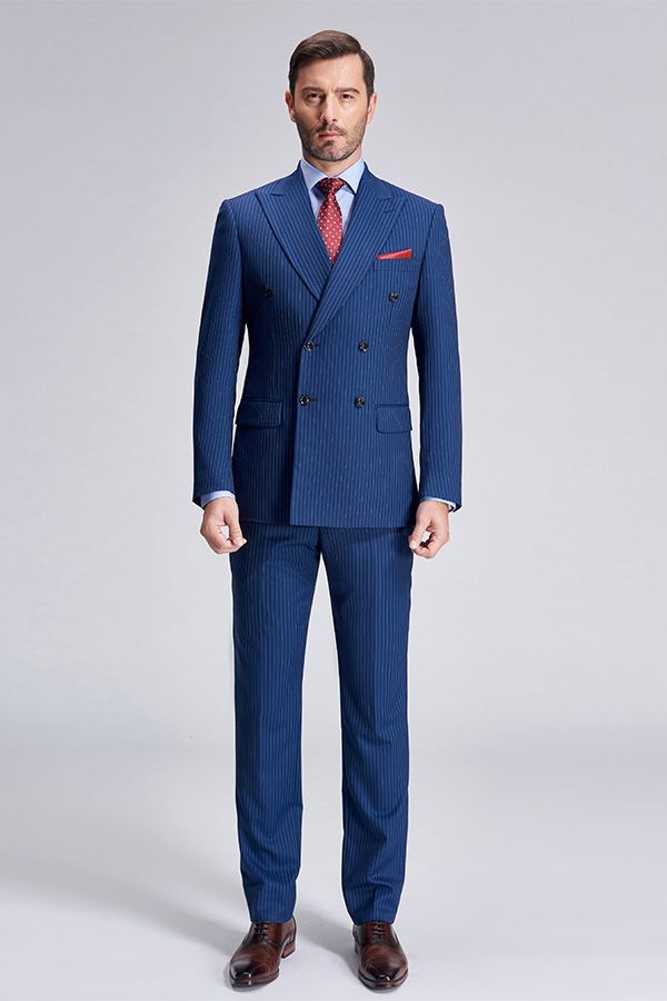 This Peak Lapel Blue Mens Suits for Business, Stripes Double Breasted Mens Suits at Ballbella comes in all sizes for prom, wedding and business. Shop an amazing selection of Peaked Lapel Double Breasted Blue mens suits in cheap price.