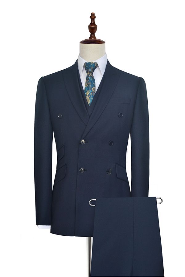 Peak Lapel Double Breasted Business Mens Suits for Formal Three Piece Dark Navy Suits for Men-Ballbella