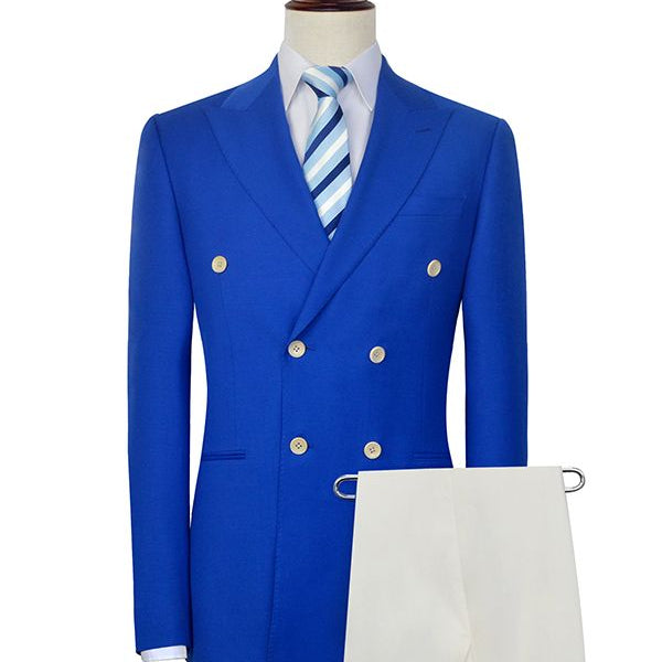 Peak Lapel Royal Blue Double Breasted Mens Suits Six Buttons