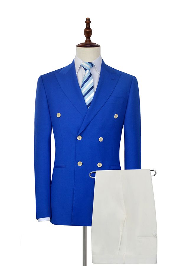 Peak Lapel Royal Blue Double Breasted Mens Suits Six Buttons Custom design Leisure Suits-Ballbella